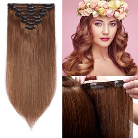 S-noilite Clip in Human Hair Extension Double Weft Light Brown 8pcs Thick Clip in Real Hair Extension 22 Inch 160g Long Hair Extension Clip Ins for Women Natural Remy Hair #6