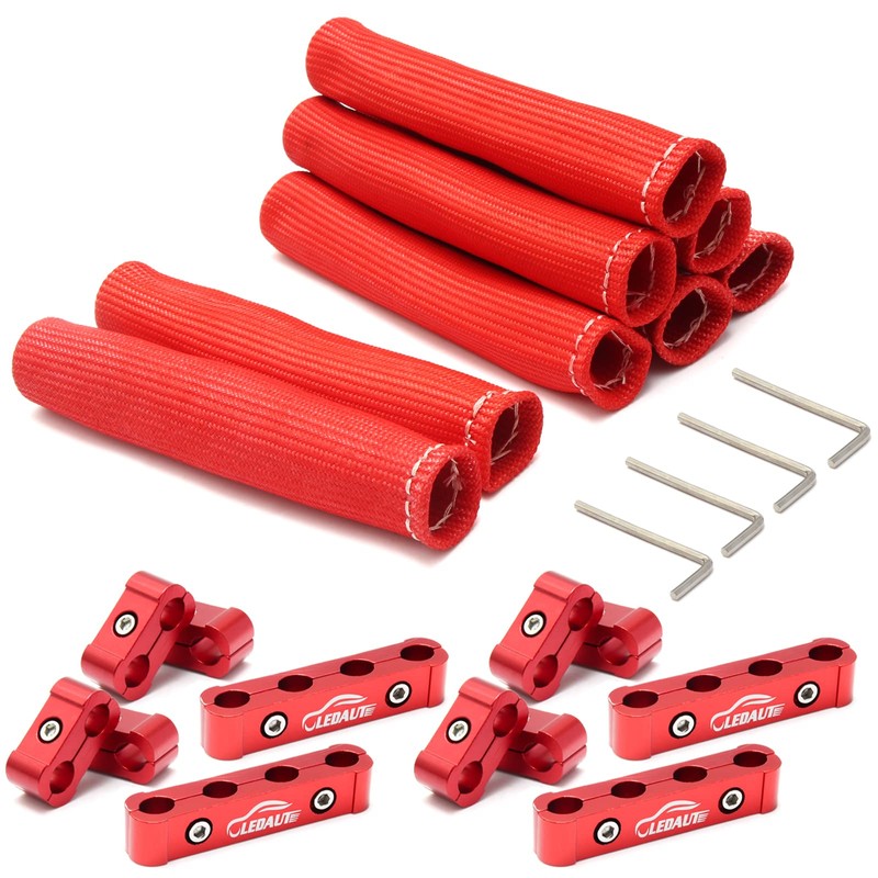 LEDAUT Red 8Cyl Spark Plug Heat Shield Protector and 12pc