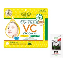 Kose Clear Turn Vita CICA Face Pack, Pores and Dullness Care, Hypoallergenic Formula, Large Capacity, 40 Pieces, Vitamin C Derivative and Centella Asiatica Extract, Includes Nose Blackhead Pack, Bonus