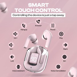 Wireless Earbuds Bluetooth Headphones with LED Display & Clear Charging Case, IPX5 Waterproof Earphones with Built-in Mic, Sport & Workout Headphones Compatible with Apple/Android, TV, Laptop - Pink