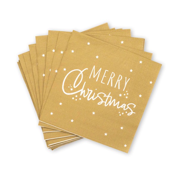 PUKKA party Gold Merry Christmas Napkins – 16 Printed 2-Ply Napkins Measuring 32 x 32cm Flat and 16 x 16cm Folded for Festive Home and Office Celebrations for Kids & Adults – Recyclable Card Packaging