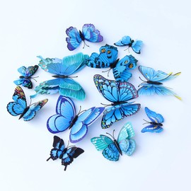 Somotersea 24PCS 3D Butterfly Wall Decals Removable Butterfly Decor for Girls Stickers Kids Bedroom and Room Decoration Art Mural Double Wings Blue