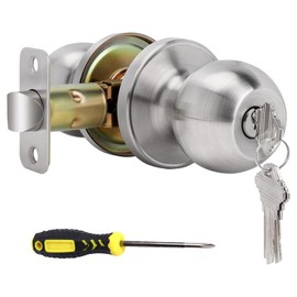 huifllyhui Door Knob with Lock and Key, Entrance Door Knob with Lock and Key, Outdoor/Interior Door Knob for Bedroom or Bathroom, Satin Nickel Door Handle Lock (1, Silver)