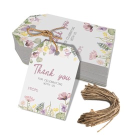 50pcs Wildflower Thank You Tags, Floral Gift Tags for Baby Shower and Wedding Party Favors Decoration (Purple)