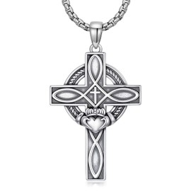 Cargari Cross Necklace for Men Women 925 Sterling Silver Celtic Knot Cross Pendant Irish Claddagh Necklace Jewelry with Clover Valentines Day Gifts for Husband Wife