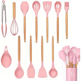 IMLUCKY 13 Piezas Utensilios de Cocina de Silicona con Mango de Madera - Juego de Utensilios de Cocina Soporte de Plástico/Turner/Batidor/Cuchara/Cepillo/Espátula/Cucharón/Pinzas (Rosa)