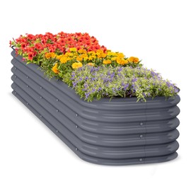 UMIG 17" Tall 8x2ft Galvanized Raised Garden Bed Kit, 9IN1 Large Oval Outdoor Garden Planter Box with Safety Edging, Modular Metal Raised Beds for Gardening Flower, Vegetables - Grey