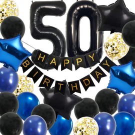 Men 50th birthday decorations - Happy 50 birthday balloons Black Blue with Party Banner Decor Supplies (50th Navy)