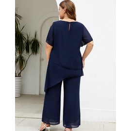 ZOMVA Plus Size Dressy Chiffon Pant Suit 2 Piece for Wedding Mother of The Bride Groom Formal Set Elegant Outfit, Navy, 3X