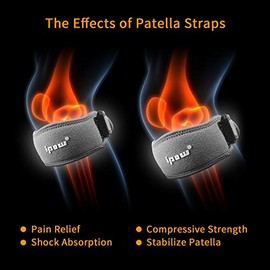 IPOW Paquete de 2 almohadillas gruesas y correa ancha para la rodilla para la rótula, soporte para el tendón rotuliano, banda ajustable para baloncest