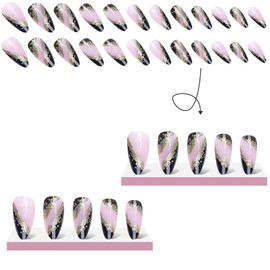 24Pcs Medium Press on Nails Artificial Acrylic Fake Nails with Gold Foil Glitter Designs Full Cover Reusable Black Nail Tips Almond Glossy False Nails Women Glue on Nails Stick on Nails for Nail Art