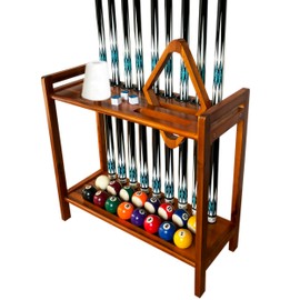GACCO BILLIARDS Pool Stick Holder Floor Stand Holds 9 Cues & Pool Table Accessories. Wooden 2-Tier Cue Stick Storage with Ball Rack Hangers, Billiard Cone Chalk Holder or Drink Pads (Oak)