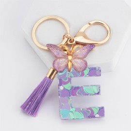 Suweibuke Colourful Cute Initial Letter Keychains for Women Girls with Tassel Butterfly, Charm for Purse Handbags Backpacks (Iridescent Purple-E)