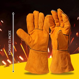 FOSDICK 33cm Welding Gloves Leather BBQ Gloves Fire Heat Resistant Gloves Heat Proof Gloves Long Sleeve Oven Mitts Fire Glove for Pot Holder, Baking, Animal Handling, Fireplace, Grill