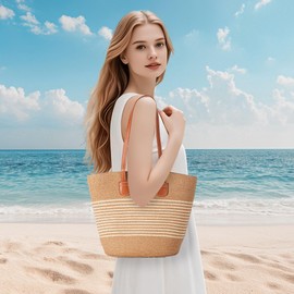 JXWENBYX Straw Bags for Women, Straw Beach Bags for Women Beach Tote Bag Summer Woven Shoulder Handbags for Vacation Holiday (Khaki-Beige Stripe)