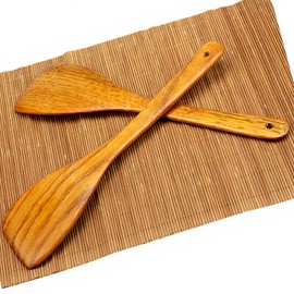 Wooden Spatula for Cooking, Kitchen Set of 2, Bamboo Wooden Utensils Long Handled, Ideal for Pan and Wok, Wood Turner, Scraper Corner Spatula, 12 Inch