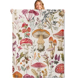MIEPOS Vintage Botanical Mushroom Throw Blanket,50x60in,Soft, Lightweight Flannel,Retro Wildflower Blankets,Gifts for Kids & Nature Lovers,for Couch Travel Picnics,Home Living Room Boho Decor
