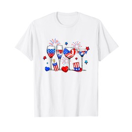 Wine Glasses 4th Of July Drinking Red White Blue USA Flag T-Shirt