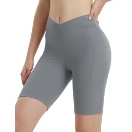 Baleaf - Pantalones cortos de yoga para mujer, de 8 pulgadas, con bolsillos en V, cruzados, para entrenamiento, gimnasio, control de abdomen, elastano para correr, Gris-oscuro, X-Small