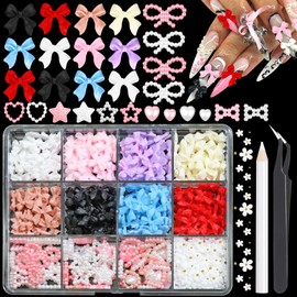 RODAKY Bow Nail Charms 8 Colors Bowknot Charms for Nails White Mini Flower Nail Jewels Resin Acrylic 3D Star Heart Nail Art Charms Cute Nail Decoration Accessories Craft DIY