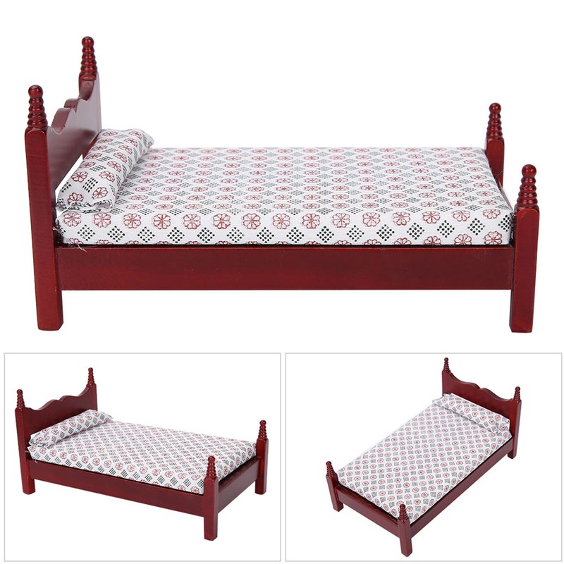1:12 Doll House Mini Red Wooden Single Bed Furniture Accessory