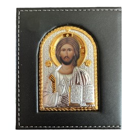 (K-03-01) Jesus Christ - Saint Nicholas/Byzantine Silver Orthodox Pocket Icon/Greek/Handmade (black, 3x3)