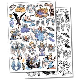 Angel Wings Feathers Cherubs Religious Temporary Tattoo Water Resistant Fake Body Art Set Collection - Black (One Sheet)