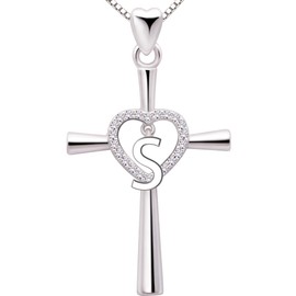 ALOV Jewelry Sterling Silver Initial Letter Alphabet Love Heart Cross Cubic Zirconia Pendant Necklace (S)