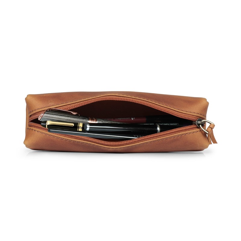 Londo Genuine Leather Zipper Pen, Pencil & Cosmetic Case (Camel)