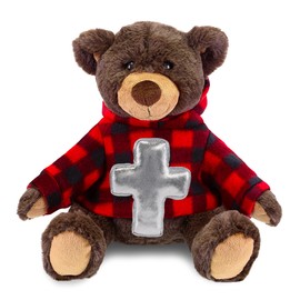 DolliBu Brown Bear Stuffed Animal with Silver Cross and Personalization - Religious Baptism Gifts for Boys and Girls, Dedication Christening Gifts Plush Prayer Toy Healing Teddy Bear - 9 Inches