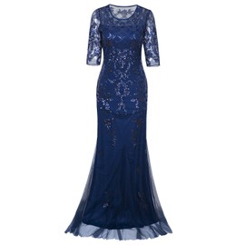 Vijiv Vintage 1920s Long Wedding Prom Dresses 2/3 Sleeve Sequin Party Evening Gown Blue