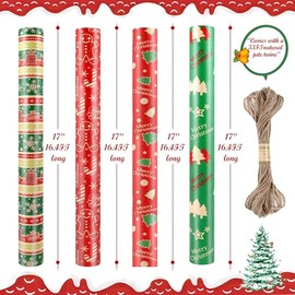 KOJAYHOL Kraft Wrap Paper Rolls - Jumbo Wrap for Kids & Adults, 4 Rolls - 17 in. x 16 ft. Per Roll, Green & Red Christmas Tree, Gingerbread Man, Snowflakes, Merry Christmas(With Jute Twine)