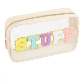 Letter Cosmetic Bag Waterproof Travel Snack Pouch with Glitter Patch Cosmetic Bag Travel Toiletry Bag for Holiday Travel Bathroom, Cream white, pink, Unisex