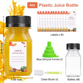 OBKJJ 80pcs 8oz Plastic Juice Bottles, Juice Bottle with Caps Reusable Empty Clear Bottles with Label, Funnel, Brush Bulk Beverage Containers for Juicing, Drinking, Smoothie and Other Beverages