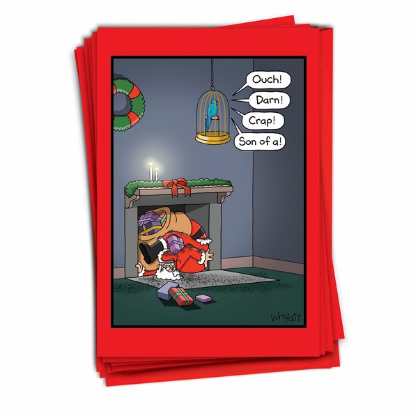 NobleWorks - 12 Funny Cartoon Cards for Christmas - Boxed Holiday Xmas Greetings, Bulk Notecards with Envelopes (1 Design, 12 Cards) - Santa and Parrot C3411XSG-B12x1