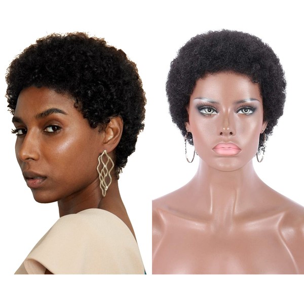 Kalyss 100% Human Hair Short Black Afro Kinky Curly Wigs for Women Lightweight Natural Looking Full Hair Wig
