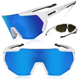 Queshark Polarised Cycling Glasses with UV Protection, 3 Interchangeable Lenses for Men / Women, for Outdoor Activities such as Cycling, Running Climbing, Driving, Fishing, Golf, white, l
