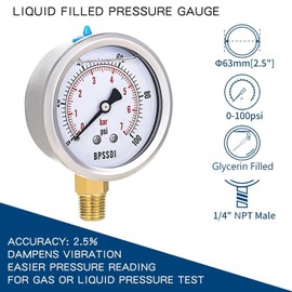 BPSSDI 0-100 Psi Glycerin Liquid Filled Low Pressure Gauge, 2.5" Dial Size, 1/4" NPT Lower Mount, 304 Stainless Steel Case, for Water Pump, Pneumatic Air, RV Hose, Gas Pressure Test