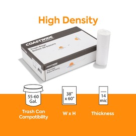 STAPLES COASTWIDE 814899 Trash Bags 55-60 Gal 38X60 High Density 14 Mic Natural 8 Rl/Ct