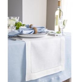 Solino Home Linen White Table Runner 60 Inch - 100% Pure Linen Classic Hemstitch Short Table Runner 14 x 60 Inch Ideal for Dresser and Coffee Tables - Spring, Easter