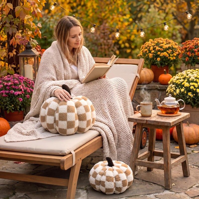 Leinuosen 2 Pcs Fall Pumpkin Pillows Brown 3D Pumpkin Shaped