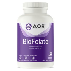 AOR AOR BioFolate 1mg Methylfolate 5-MTHF Plus B12 Supplement, 30 Caps 30-Day Supply - Vegan, Non-GMO & Gluten-Free, Active Vitamin B9 Folate, Methyl B12 for Cardiovascular Support & Nutritional Wellness