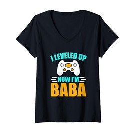 Womens Leveled Up Baba Baby Announcement Dad Greek Turkish Gifts V-Neck T-Shirt