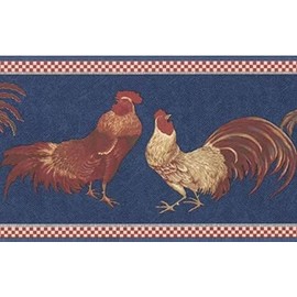 CONCORD WALLCOVERINGS ™ Wallpaper Border Country Pattern Roosters for Kitchen Cottage Farmhouse, Blue Red Brown Beige, 15 ft by 7 in KCB82072