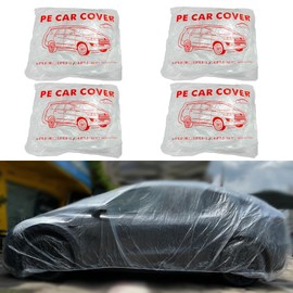 4 Packs Disposable Car Cover Clear Plastic Car Cover Universal Rain Dust Garage Cover with Elastic Band Medium (12.4 FT x 21.6 FT)