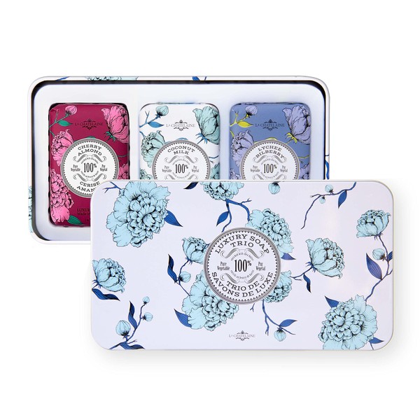 La Chatelaine Luxury Bar Soap Trio Gift Set Tin – Winter White | Made in France | Natural and Organic Soap Bars | Shea Butter Formula | 3 x 7 oz / 200g (Cherry Almond, Coconut Milk, Lychee Bilberry)