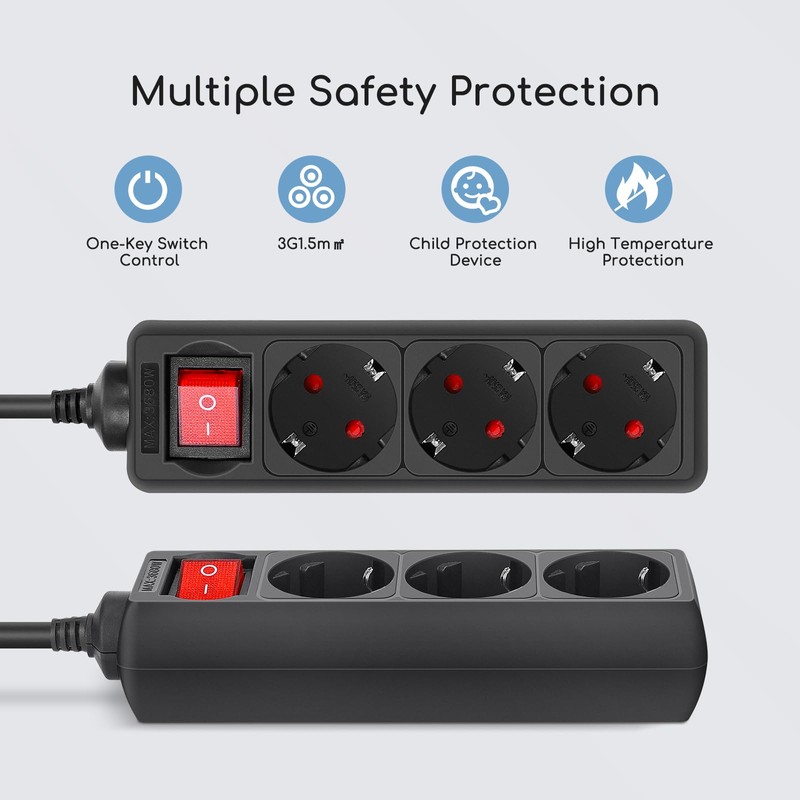 Aigostar 3-Way Power Strip with Switch Table Socket Child Lock