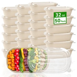 ZORRITA 32 oz Paper Bowls with Lids, 50 Pack Sugarcane Fiber Meal Prep Containers Disposable To Go Food Container for Salad, Pasta, Burrito