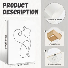Black and White Cat Canvas Wall Art Cat Line Art Prints Minimalist Cat Silhouettes Picture Cat Artwork for Walls Cat Abstract Painting for Bathroom Laundry Bedroom Decor 12x16 Inch Framed