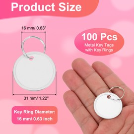 PATIKIL 1.2 Inch Metal Rim Key Tags 100 Pack Blank Round Paper Tags Bulk Writable Keychain Identifiers with Split Rings for Car Door Drawer Key Luggage Pet, Silver/White